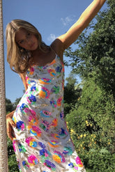 Beyaz Payetli Çiçek Desenli Maxi Elbise Zalle